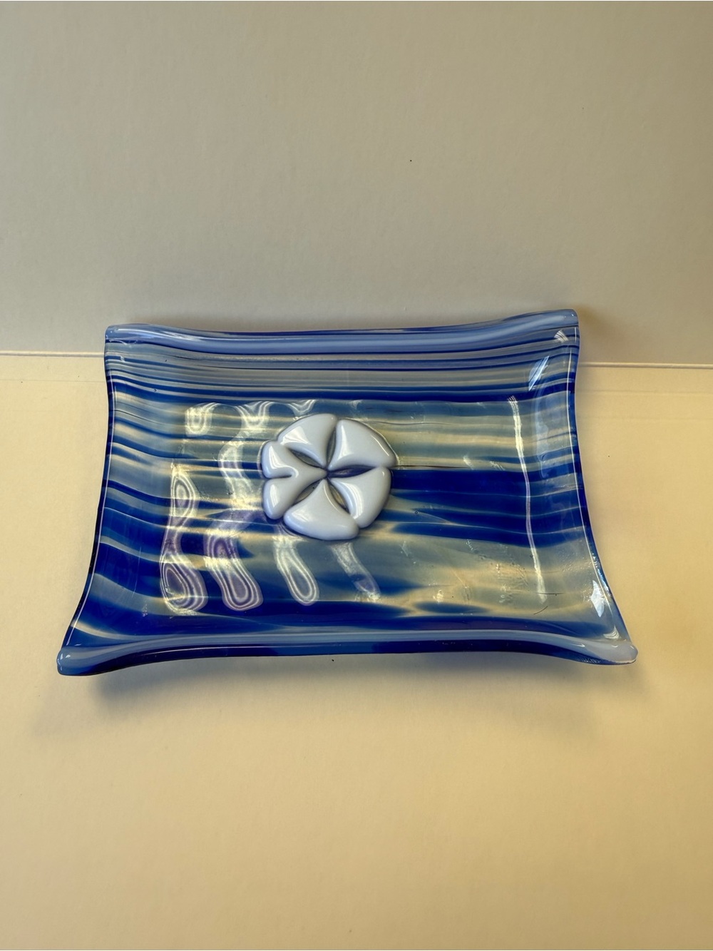 Blue Striped Fused Glass Decorative Trinket Tray with White Sand Dollar Accent.